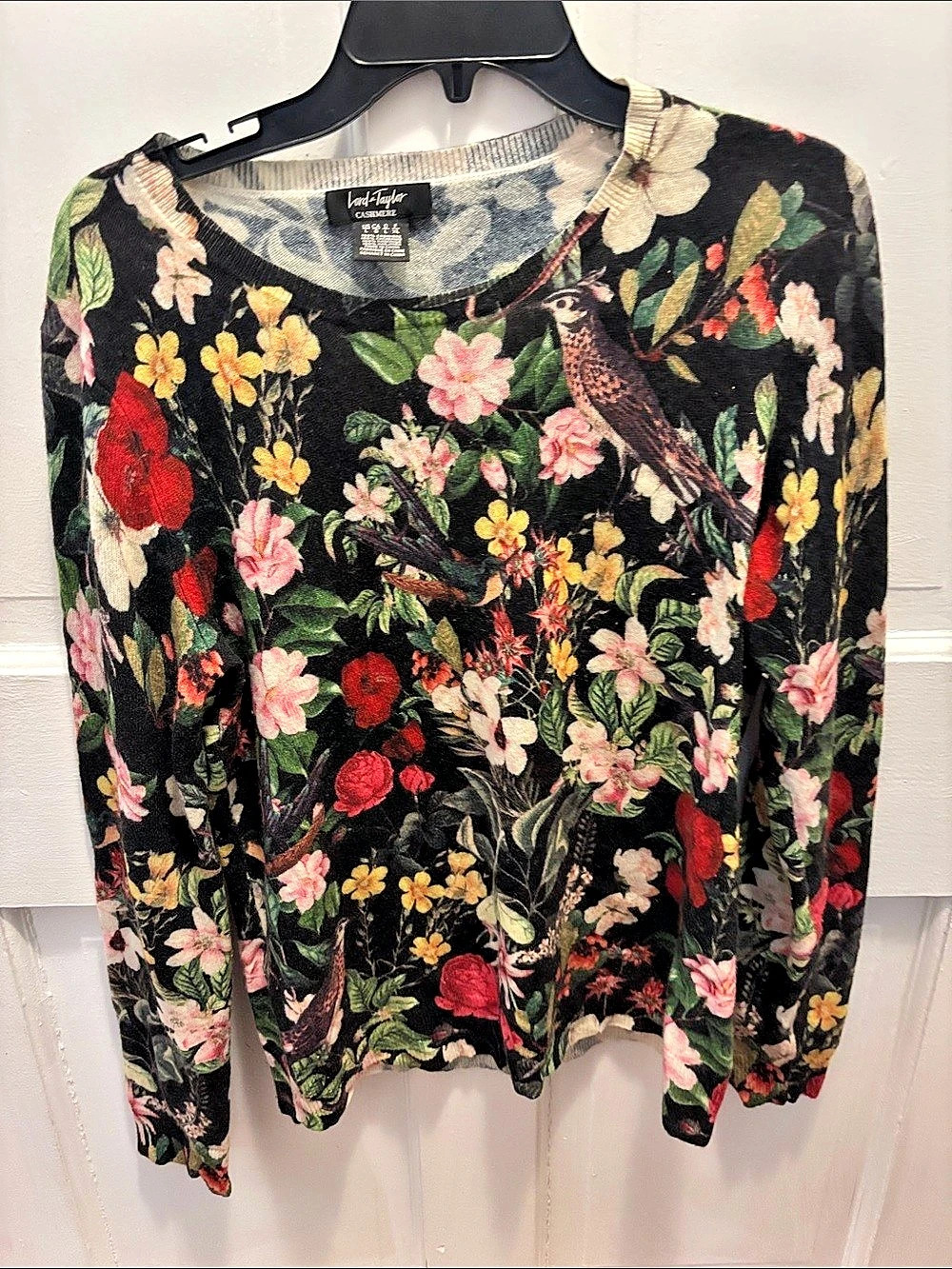 Lord & Taylor Floral Long Sleeve Top Black & Multicolor Medium 100% cashmere